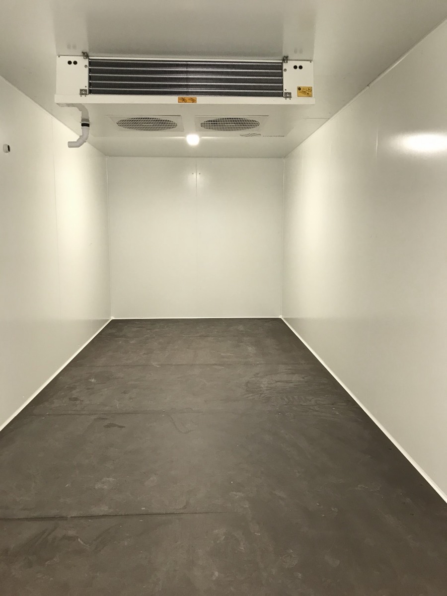 Finished cold-room interior with ceiling evaporator