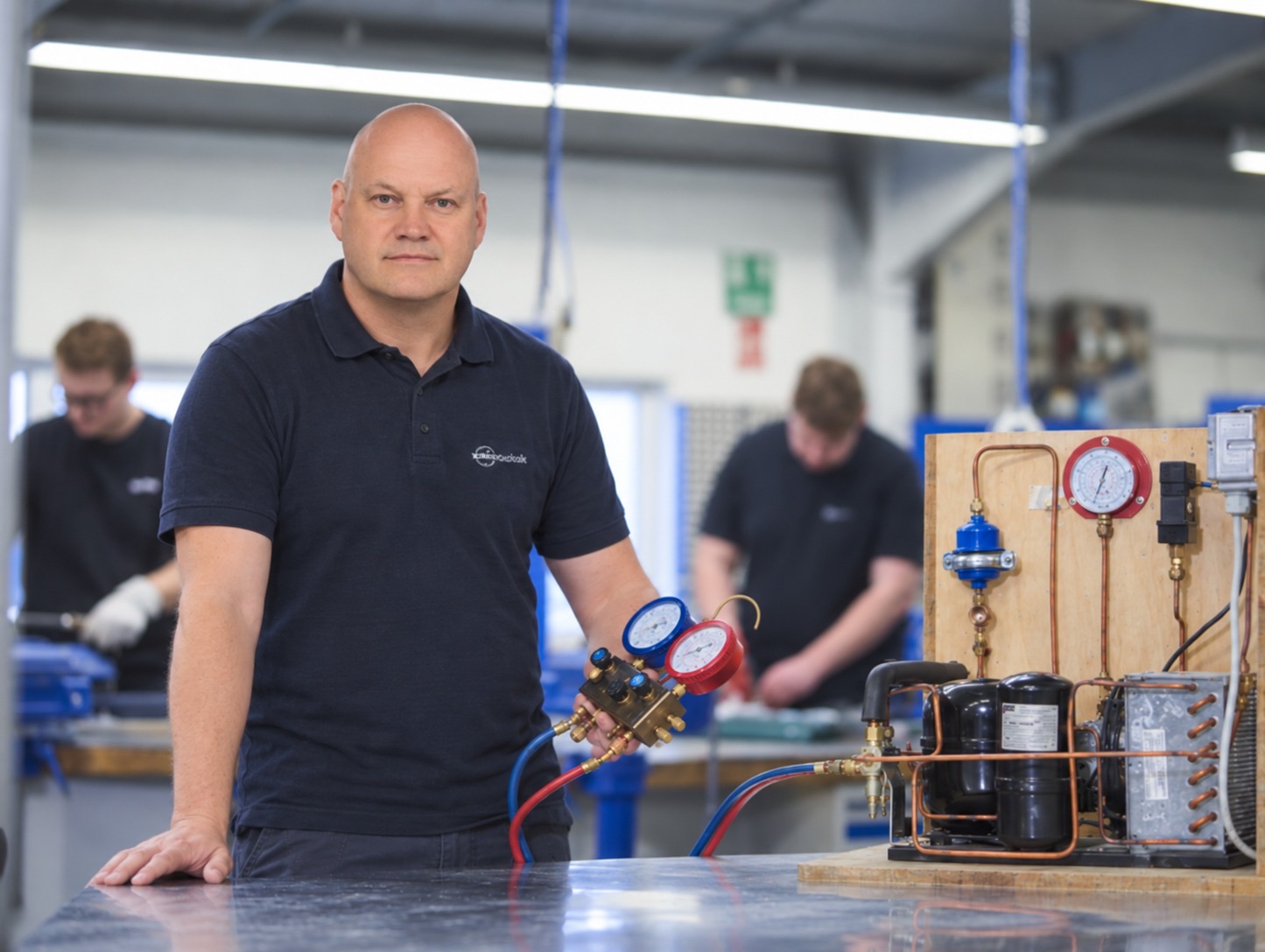 Technician with manifold gauges at a refrigeration unit