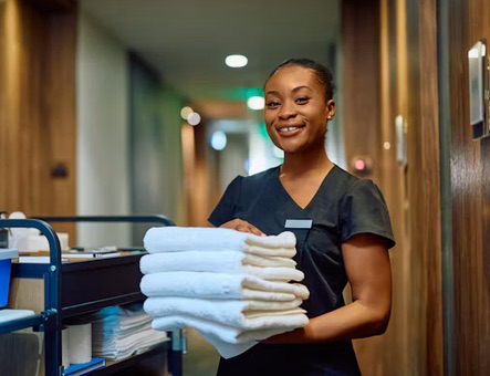 Room attendant with fresh towels in a hotel corridor